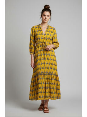Emerson Fry India Collection Yellow Block Print Midi Dress M #AM